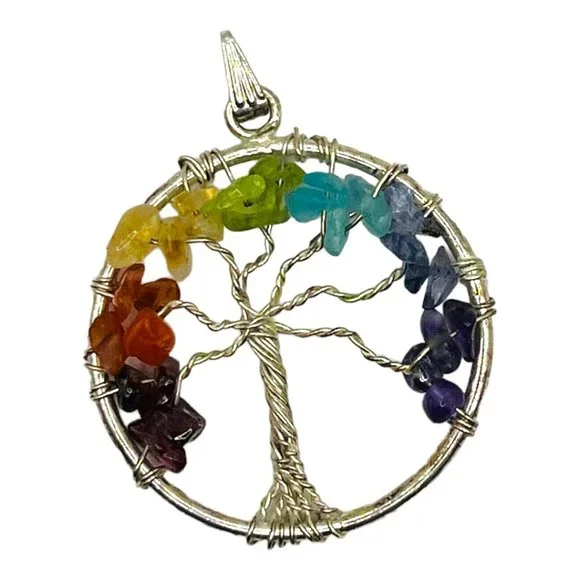 Artisan Wire-Wrapped Tree Pendant Multi Gemstone Vintage 70s Handcrafted EUC - Picture 4 of 7